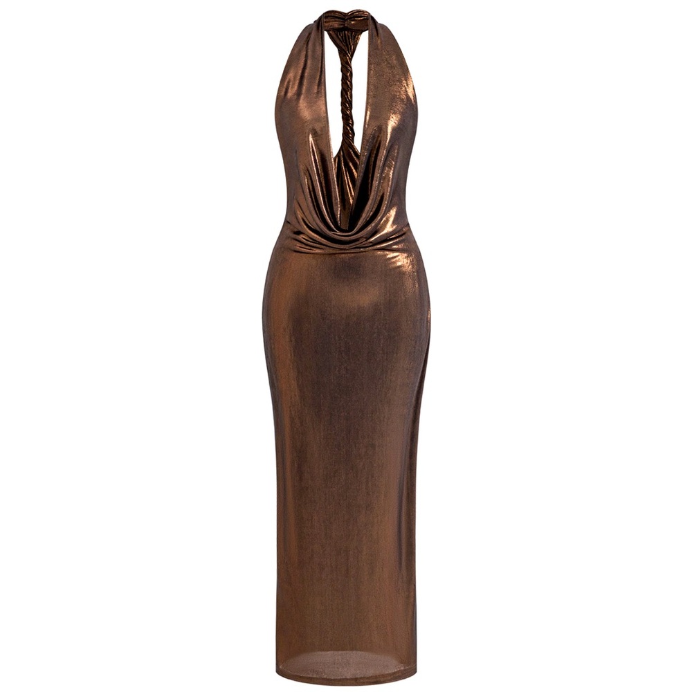 Metallic Halter Cowl Neck Backless Twist Maxi Dress